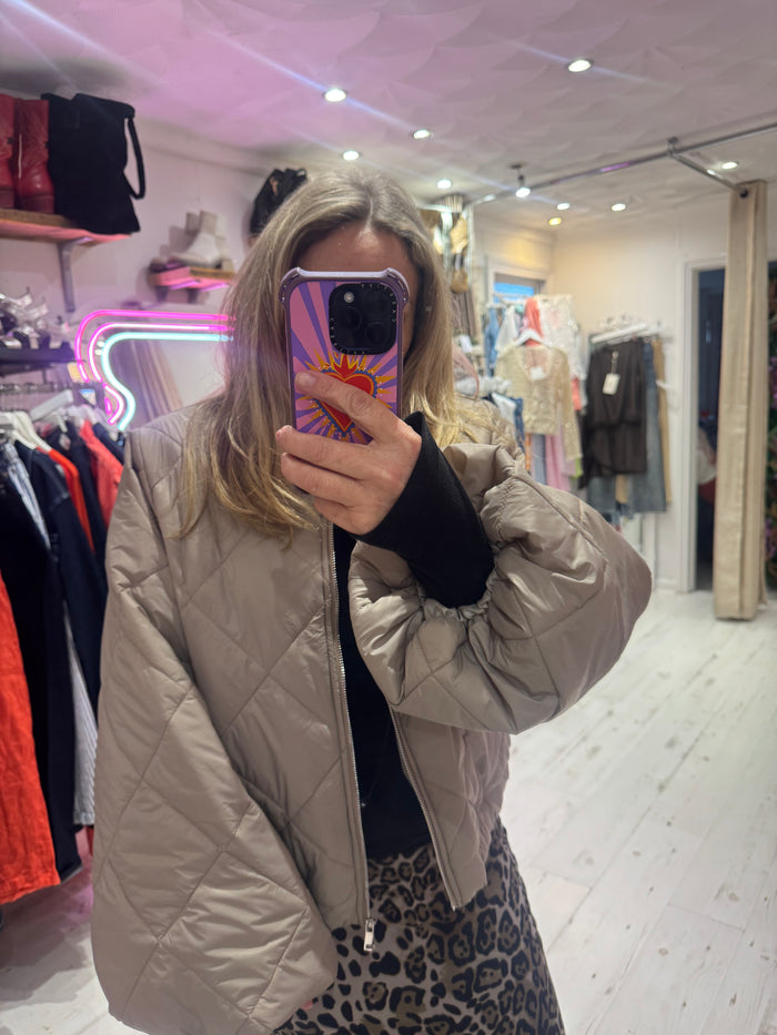 Lightweight Quilted Bomber Jacket with Balloon Sleeves | Taupe