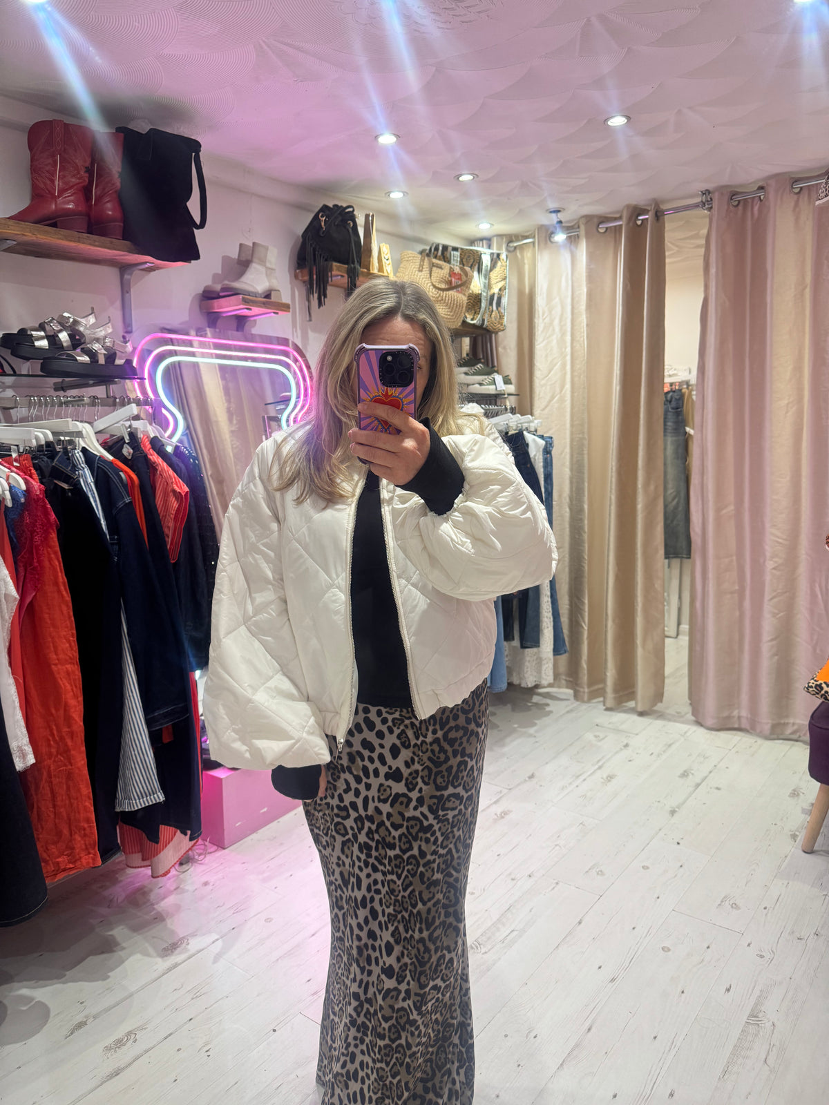 Lightweight Quilted Bomber Jacket with Balloon Sleeves | Cream