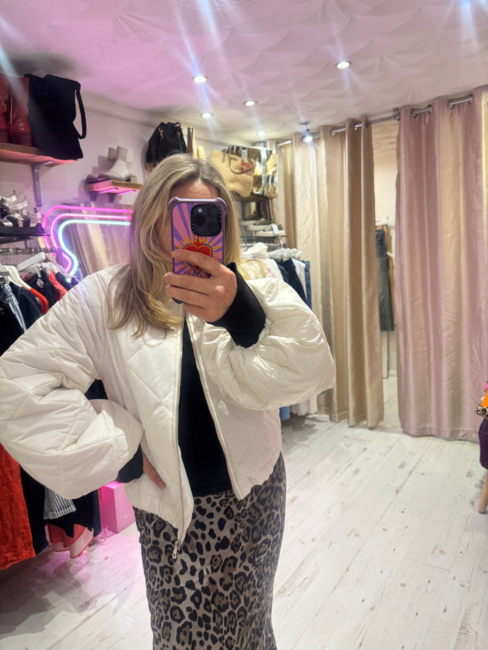 Lightweight Quilted Bomber Jacket with Balloon Sleeves | Cream