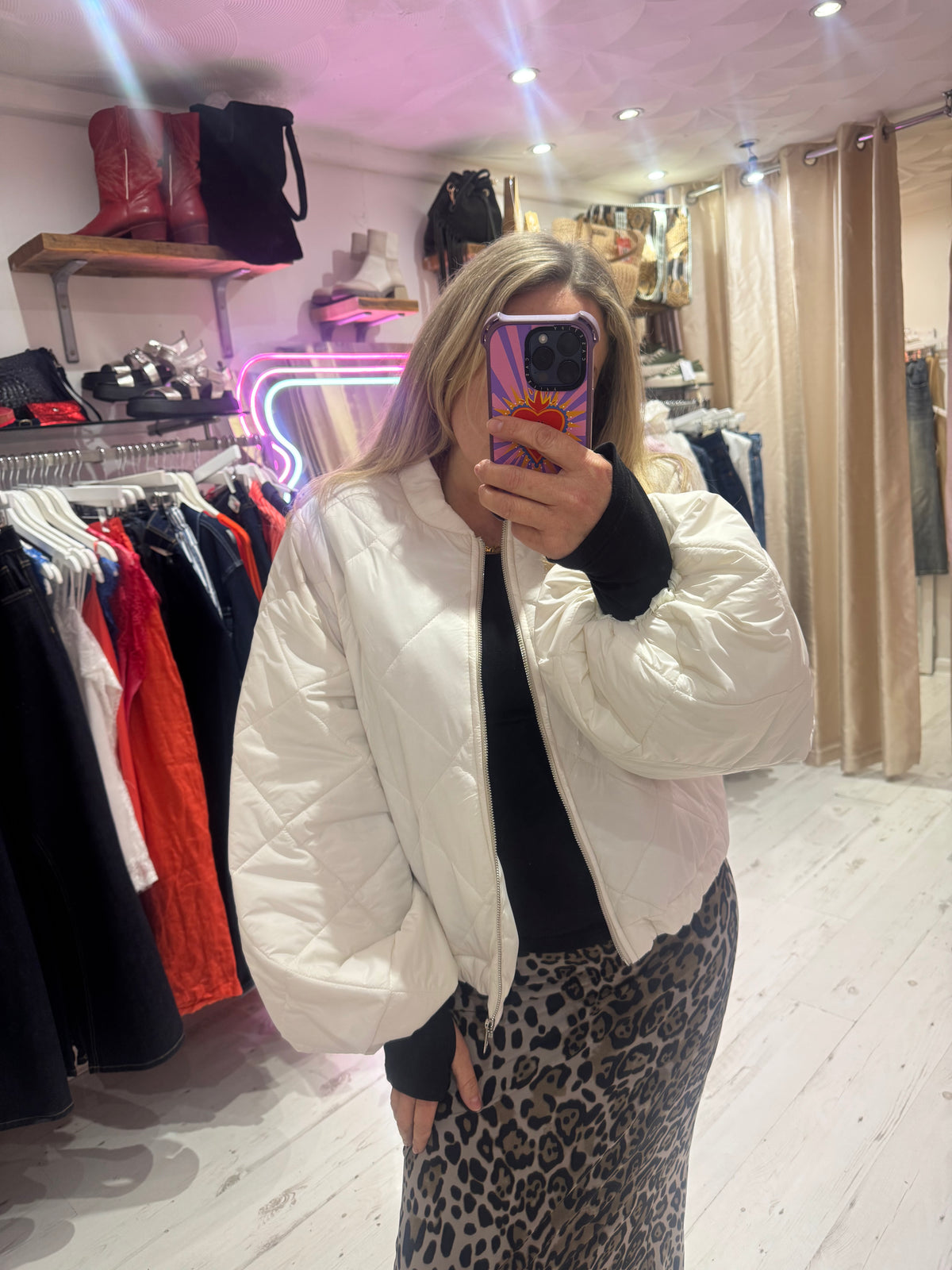 Lightweight Quilted Bomber Jacket with Balloon Sleeves | Cream