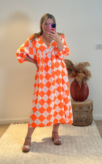 Checked Cheesecloth Long Smock Dress | Vibrant Orange