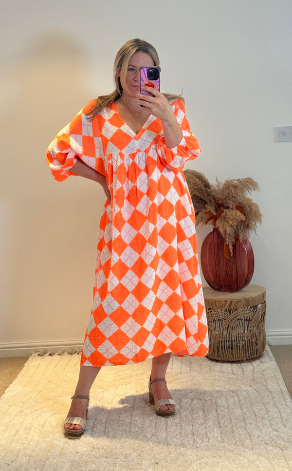 Checked Cheesecloth Long Smock Dress | Vibrant Orange