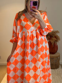 Checked Cheesecloth Long Smock Dress | Vibrant Orange