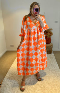 Checked Cheesecloth Long Smock Dress | Vibrant Orange
