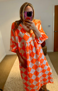 Checked Cheesecloth Long Smock Dress | Vibrant Orange