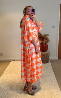 Checked Cheesecloth Long Smock Dress | Vibrant Orange