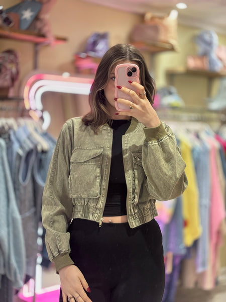 ForevaYoung Cropped Denim Style Bomber Jacket | Khaki