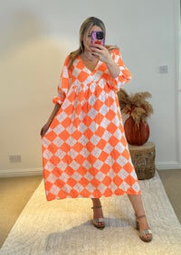Checked Cheesecloth Long Smock Dress | Vibrant Orange