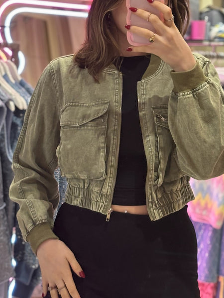 ForevaYoung Cropped Denim Style Bomber Jacket | Khaki