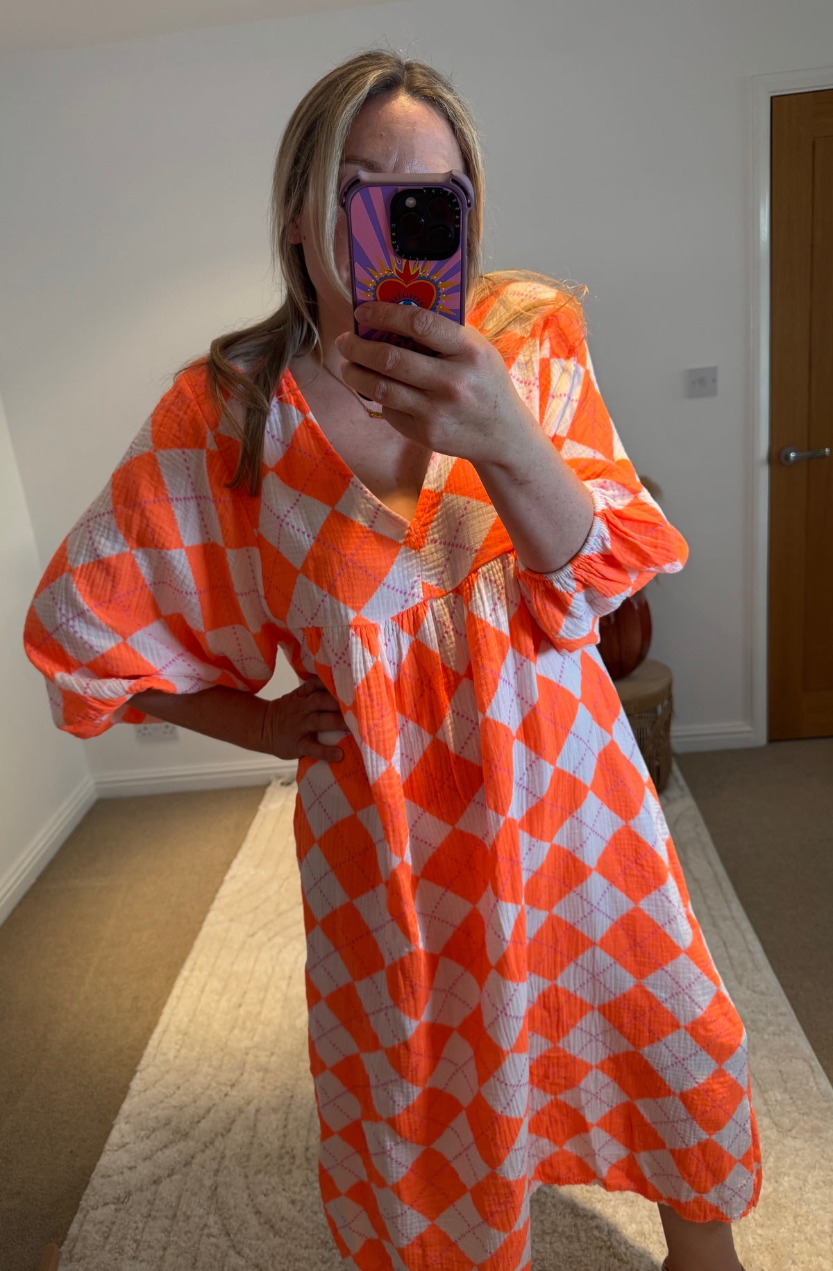 Checked Cheesecloth Long Smock Dress | Vibrant Orange