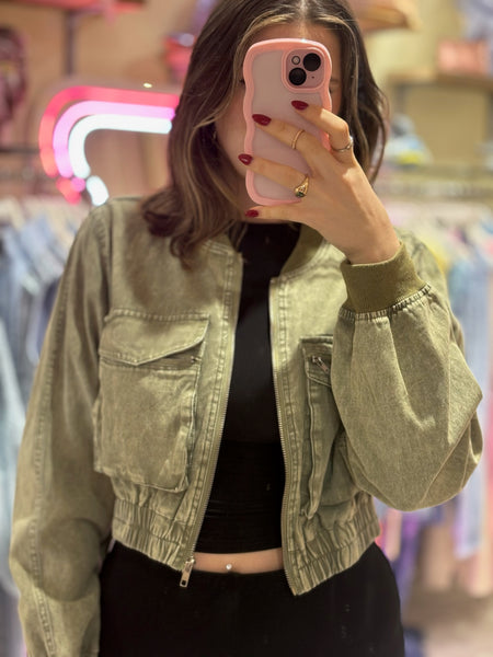 ForevaYoung Cropped Denim Style Bomber Jacket | Khaki
