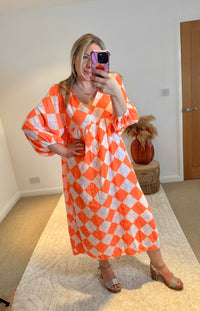 Checked Cheesecloth Long Smock Dress | Vibrant Orange