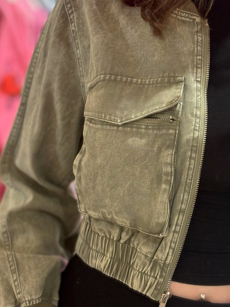 ForevaYoung Cropped Denim Style Bomber Jacket | Khaki