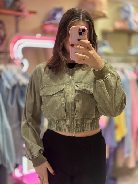 ForevaYoung Cropped Denim Style Bomber Jacket | Khaki