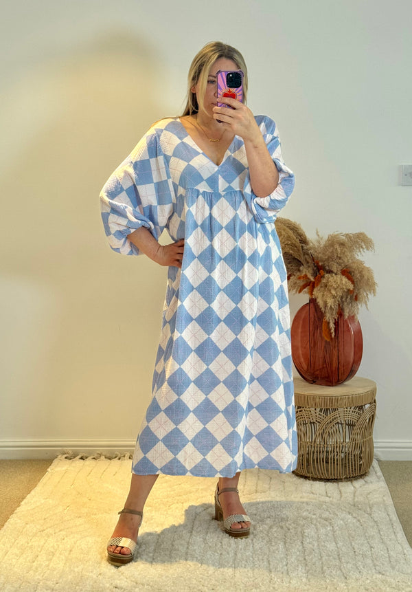 Checked Cheesecloth Long Smock Dress | Pale Blue Multi