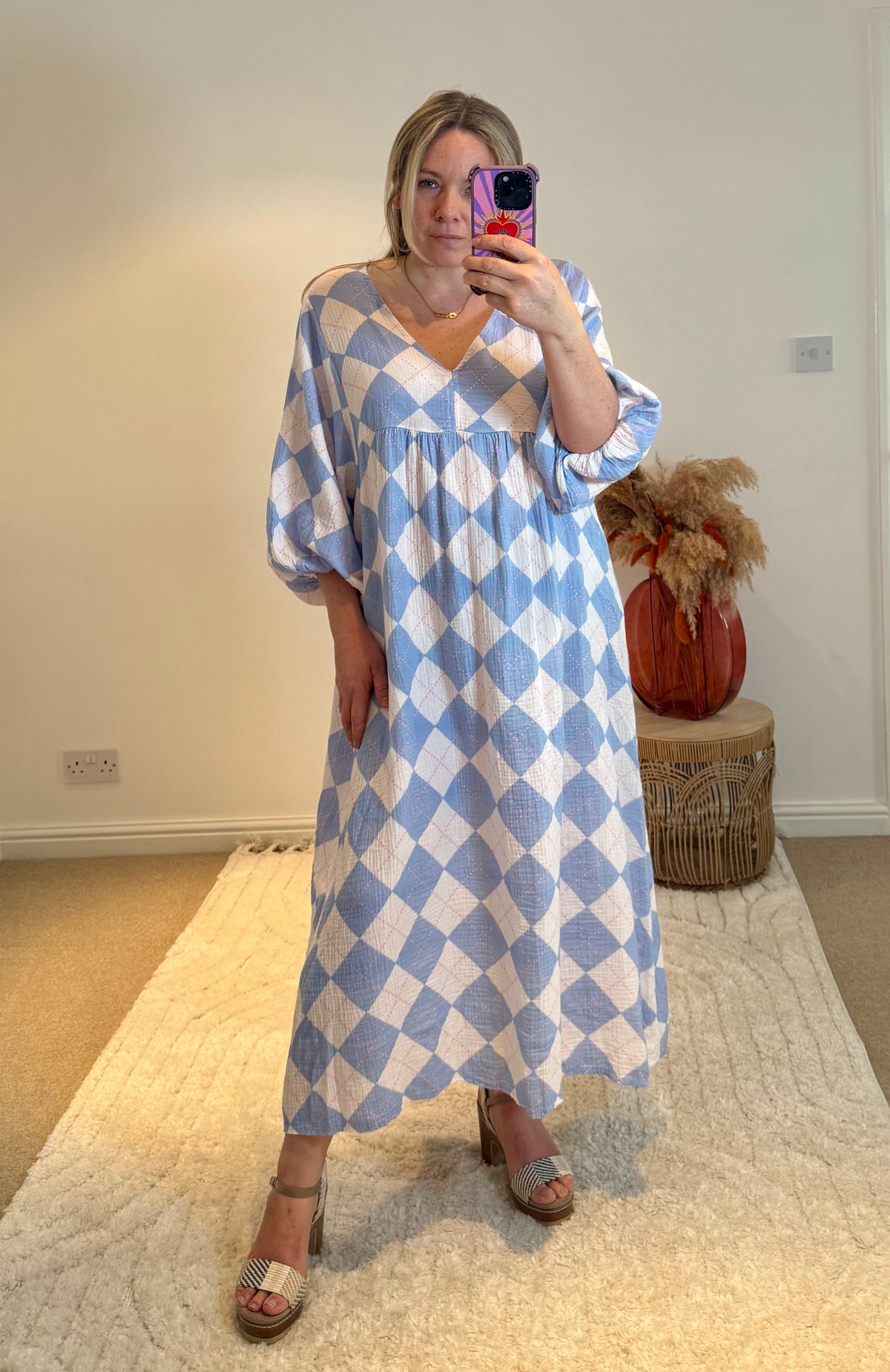 Checked Cheesecloth Long Smock Dress | Pale Blue Multi