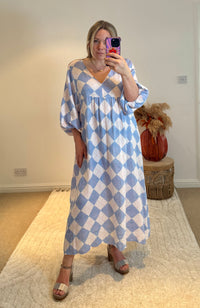 Checked Cheesecloth Long Smock Dress | Pale Blue Multi