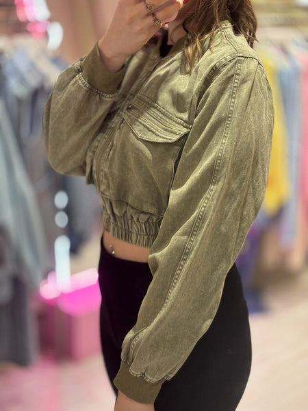 ForevaYoung Cropped Denim Style Bomber Jacket | Khaki