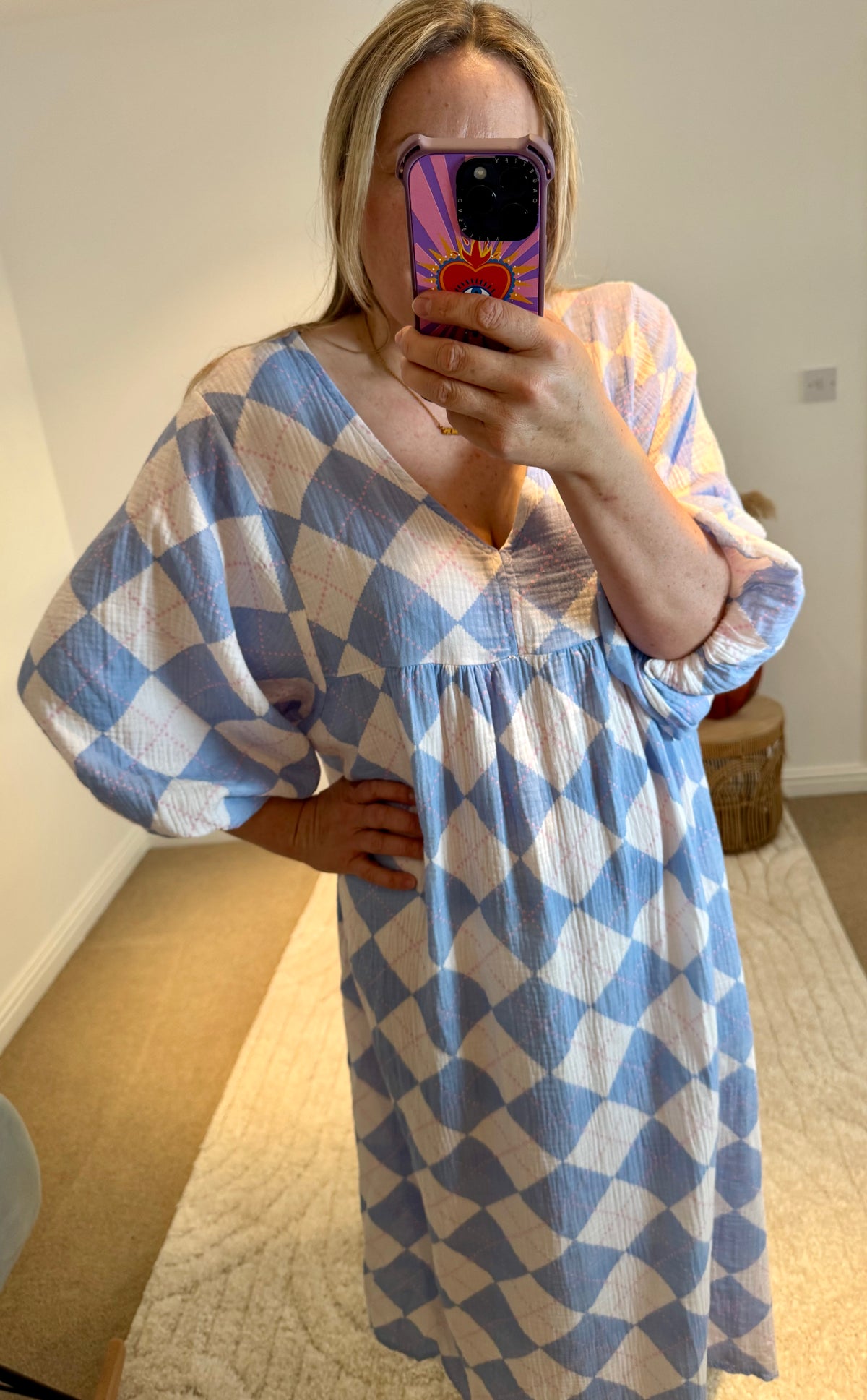 Checked Cheesecloth Long Smock Dress | Pale Blue Multi