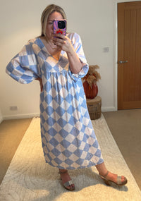 Checked Cheesecloth Long Smock Dress | Pale Blue Multi