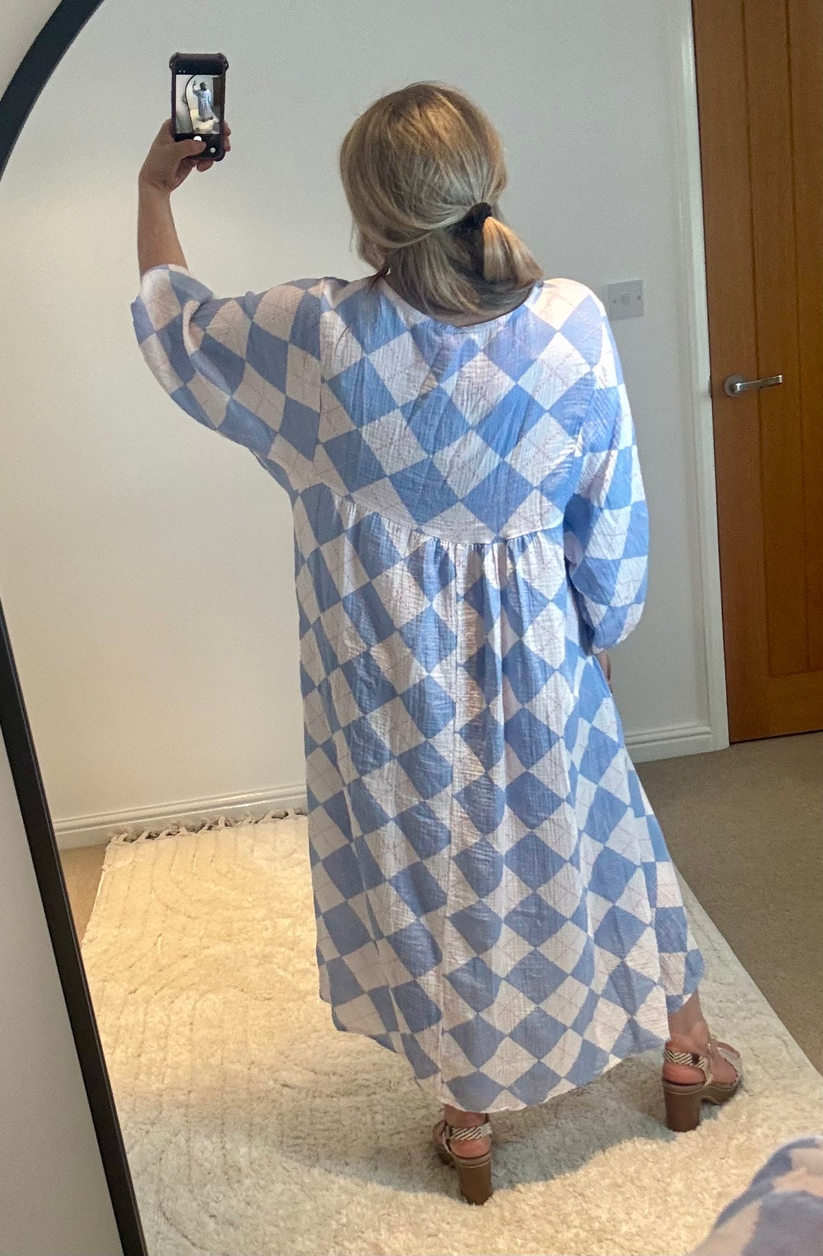 Checked Cheesecloth Long Smock Dress | Pale Blue Multi