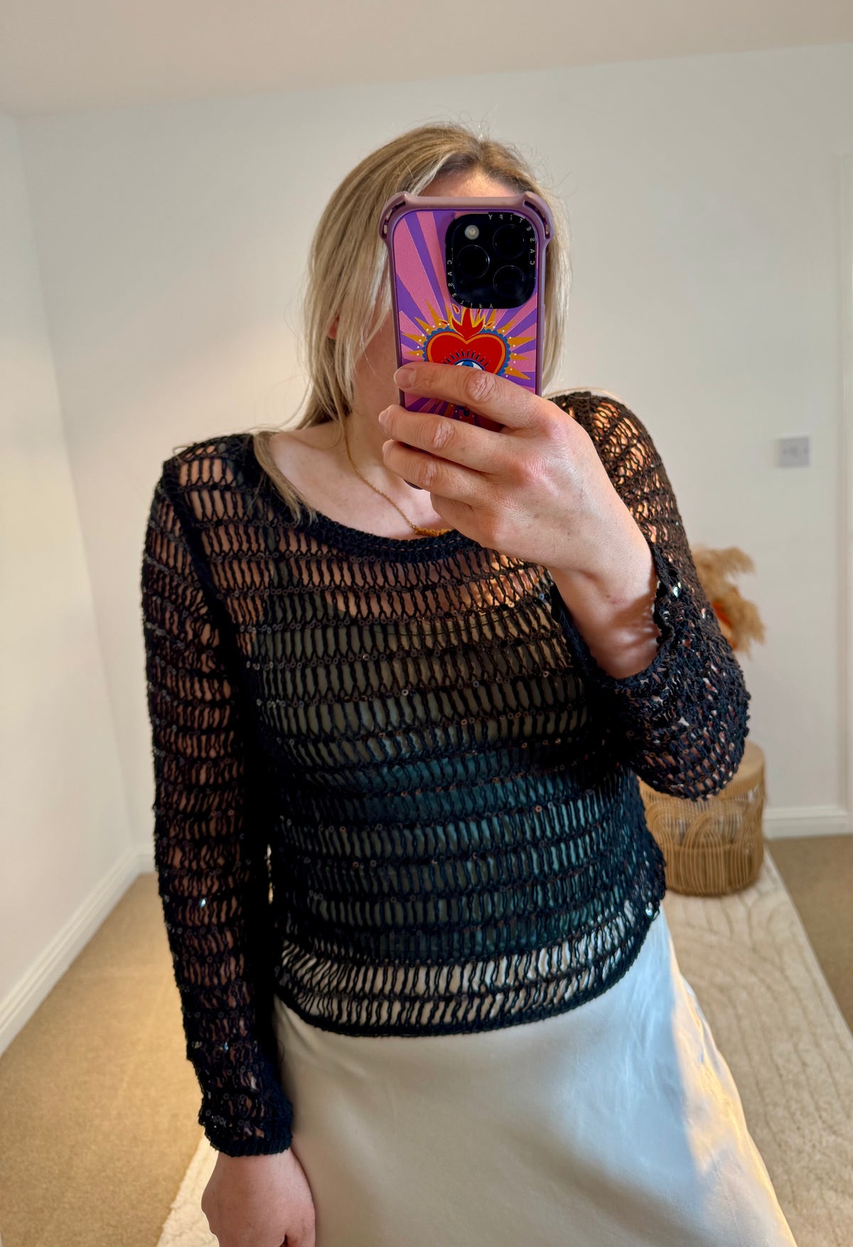 Cotton Open Knit Sequin Cropped Top | Black