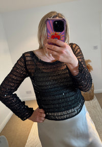 Cotton Open Knit Sequin Cropped Top | Black