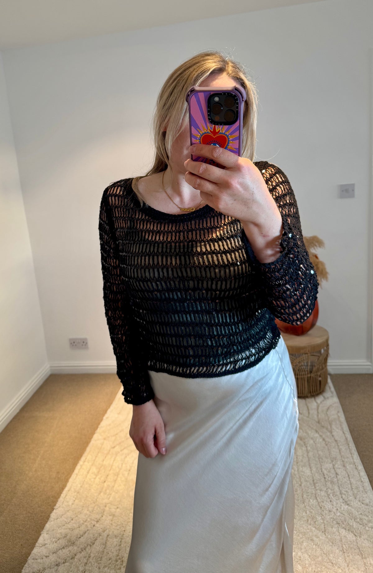 Cotton Open Knit Sequin Cropped Top | Black