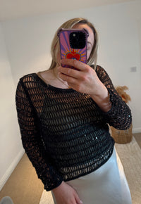 Cotton Open Knit Sequin Cropped Top | Black