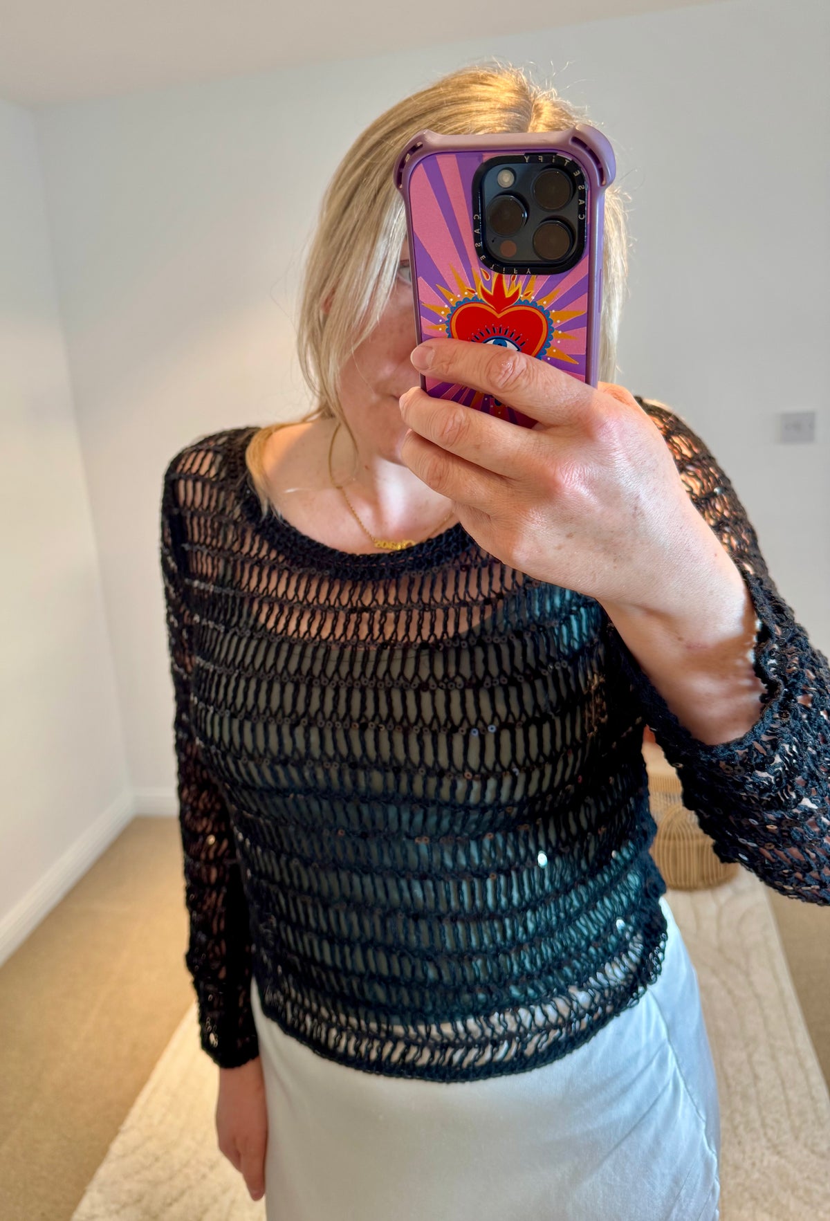 Cotton Open Knit Sequin Cropped Top | Black