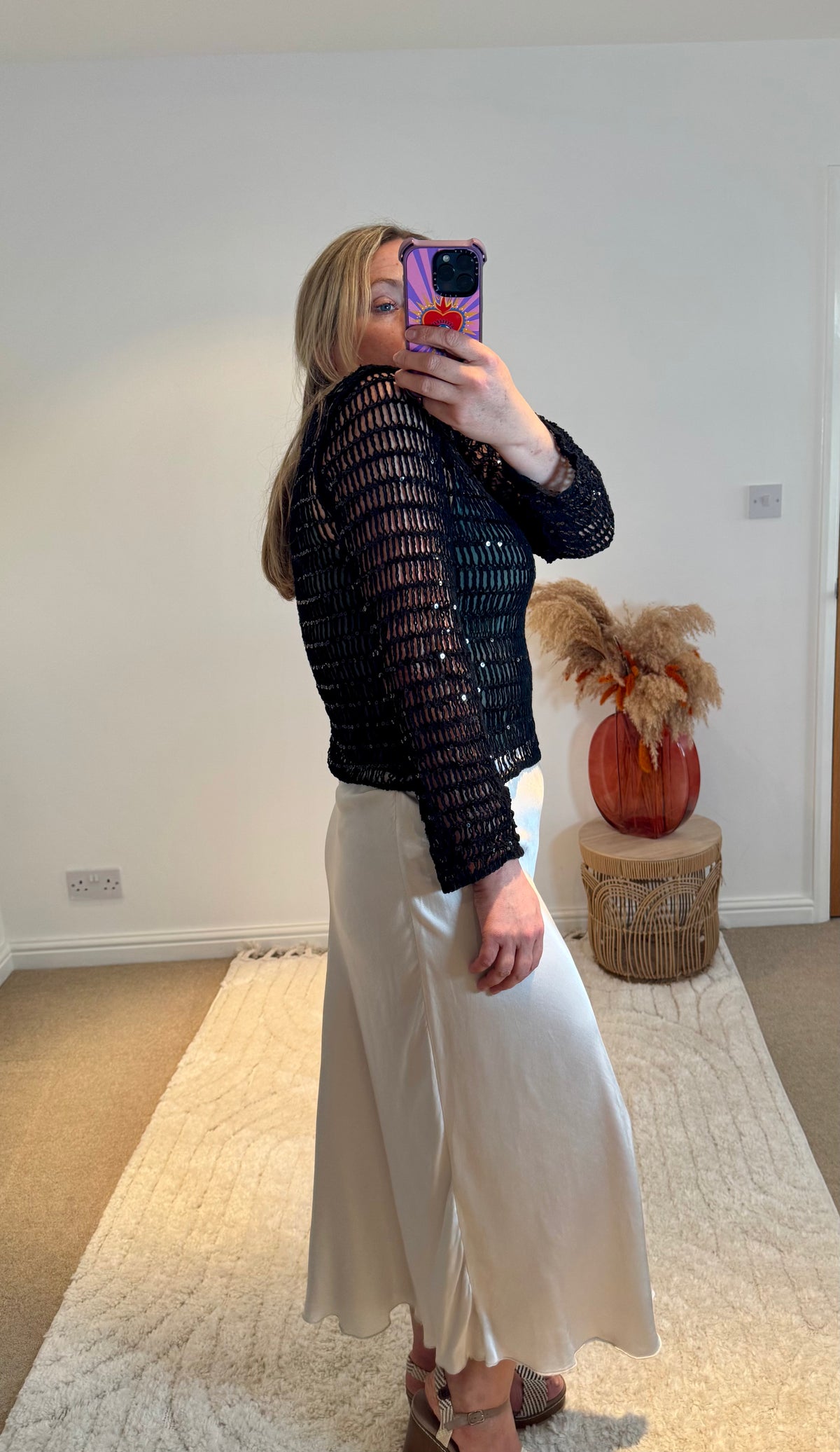 Cotton Open Knit Sequin Cropped Top | Black