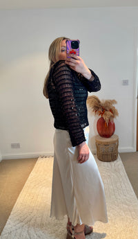 Cotton Open Knit Sequin Cropped Top | Black
