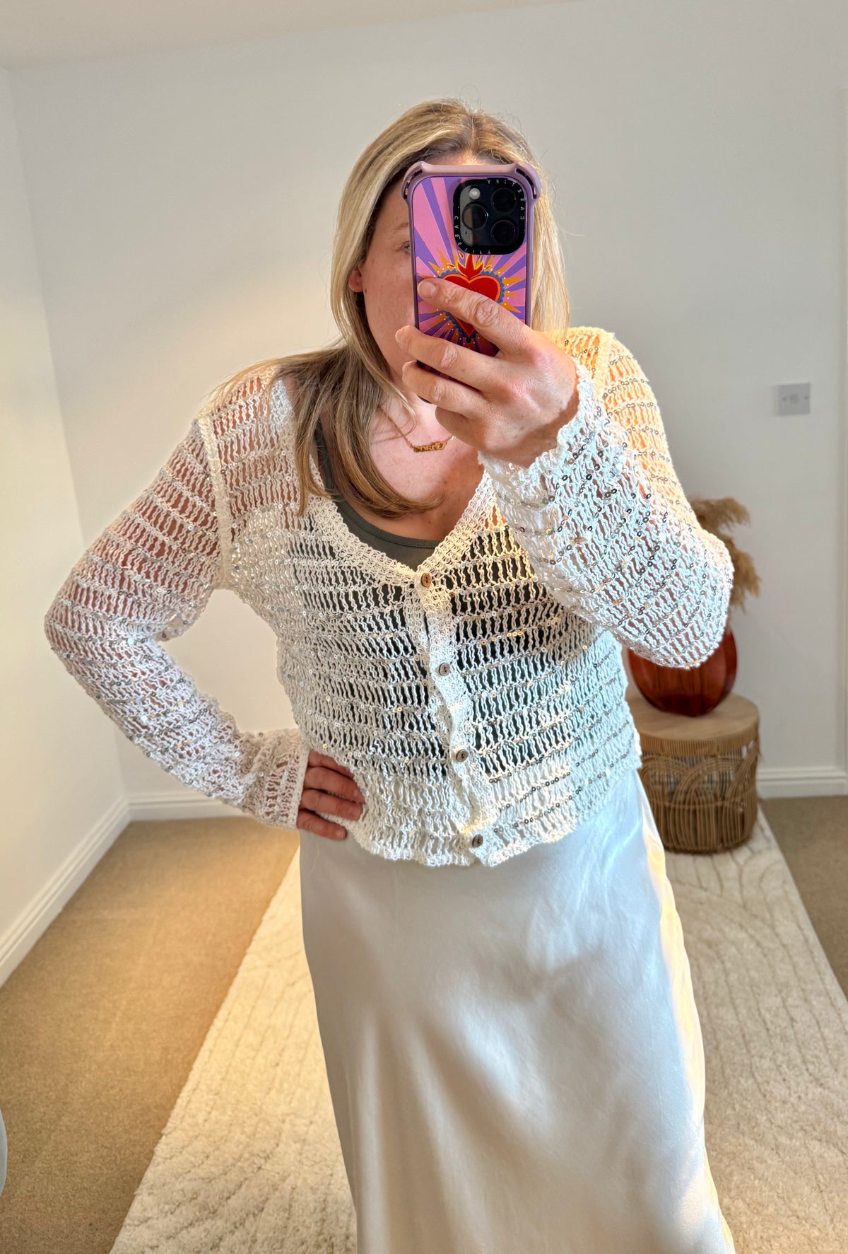 Cotton Open Knit Sequin Cardigan | White