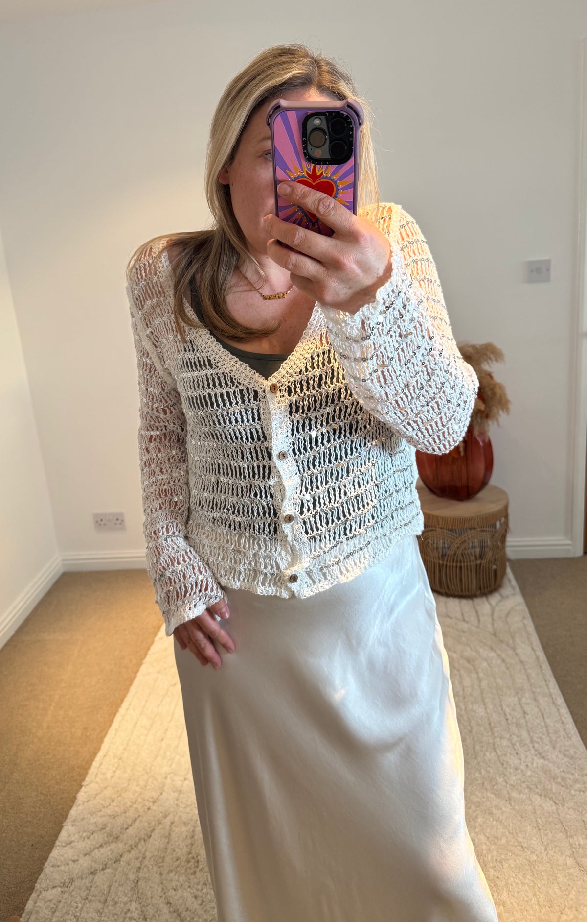 Cotton Open Knit Sequin Cardigan | White