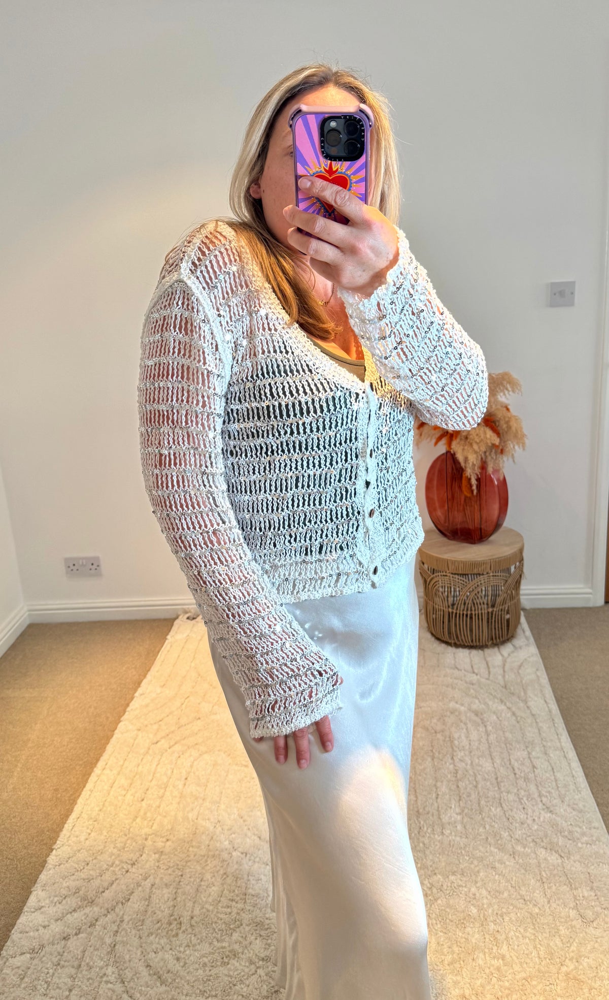 Cotton Open Knit Sequin Cardigan | White