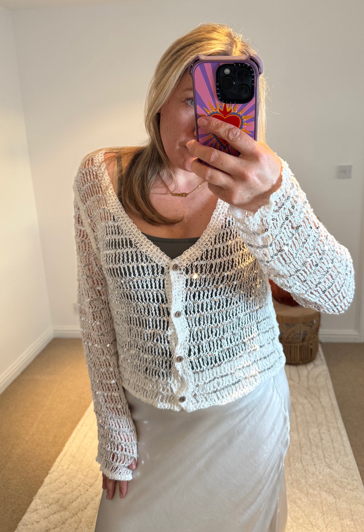 Cotton Open Knit Sequin Cardigan | White