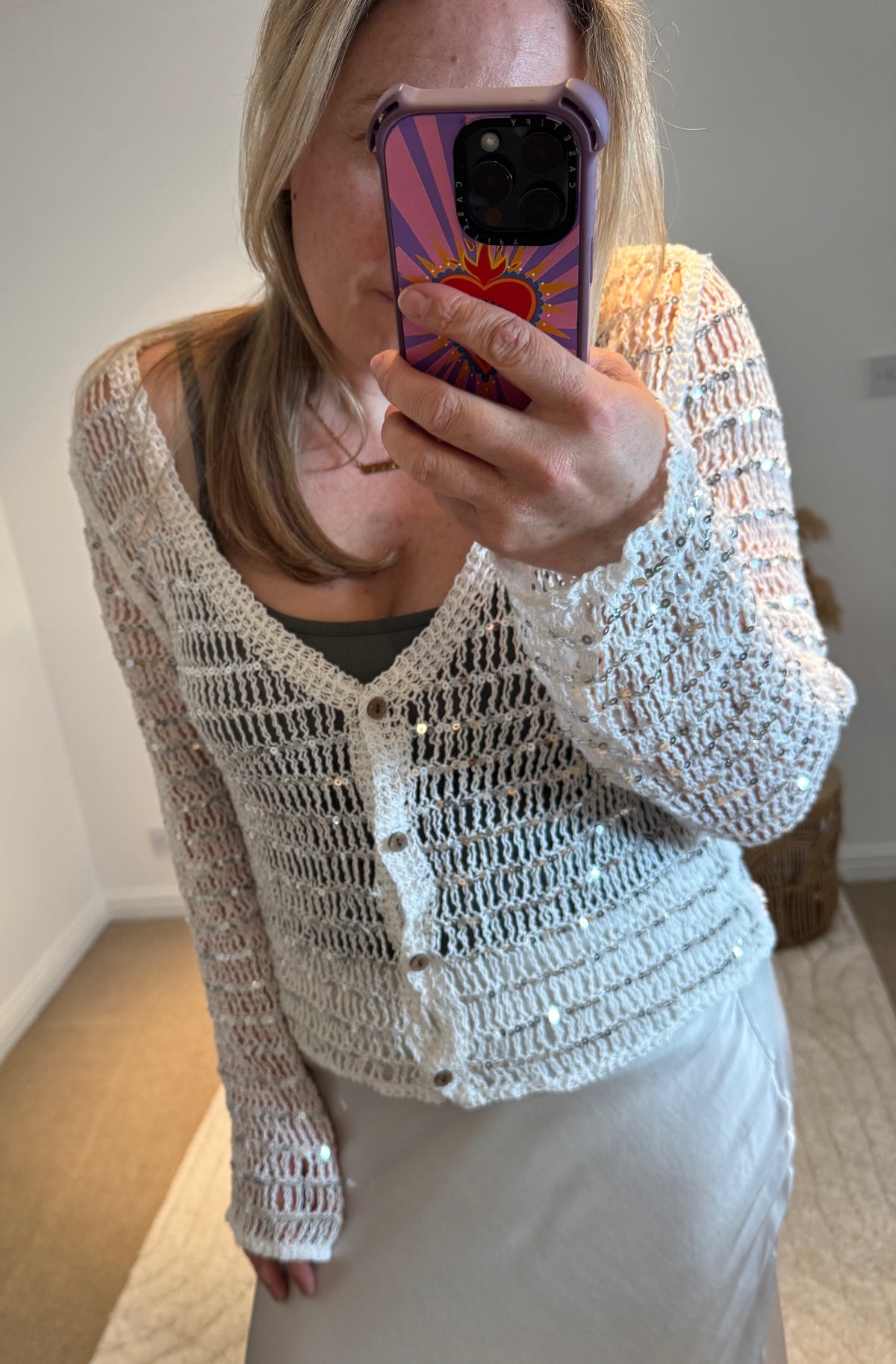 Cotton Open Knit Sequin Cardigan | White