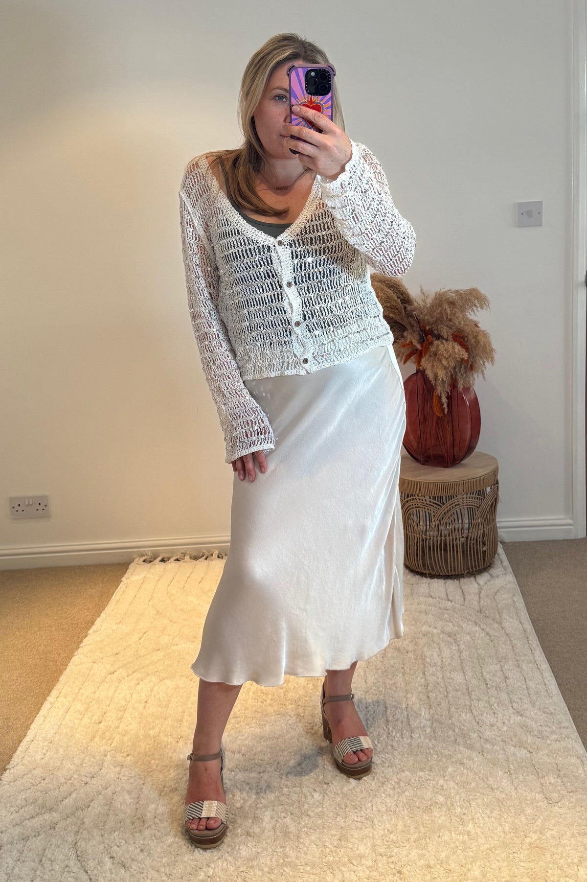 Cotton Open Knit Sequin Cardigan | White