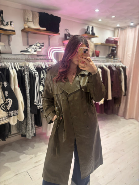 Faux Leather Belted Trench Coat | Olive Green