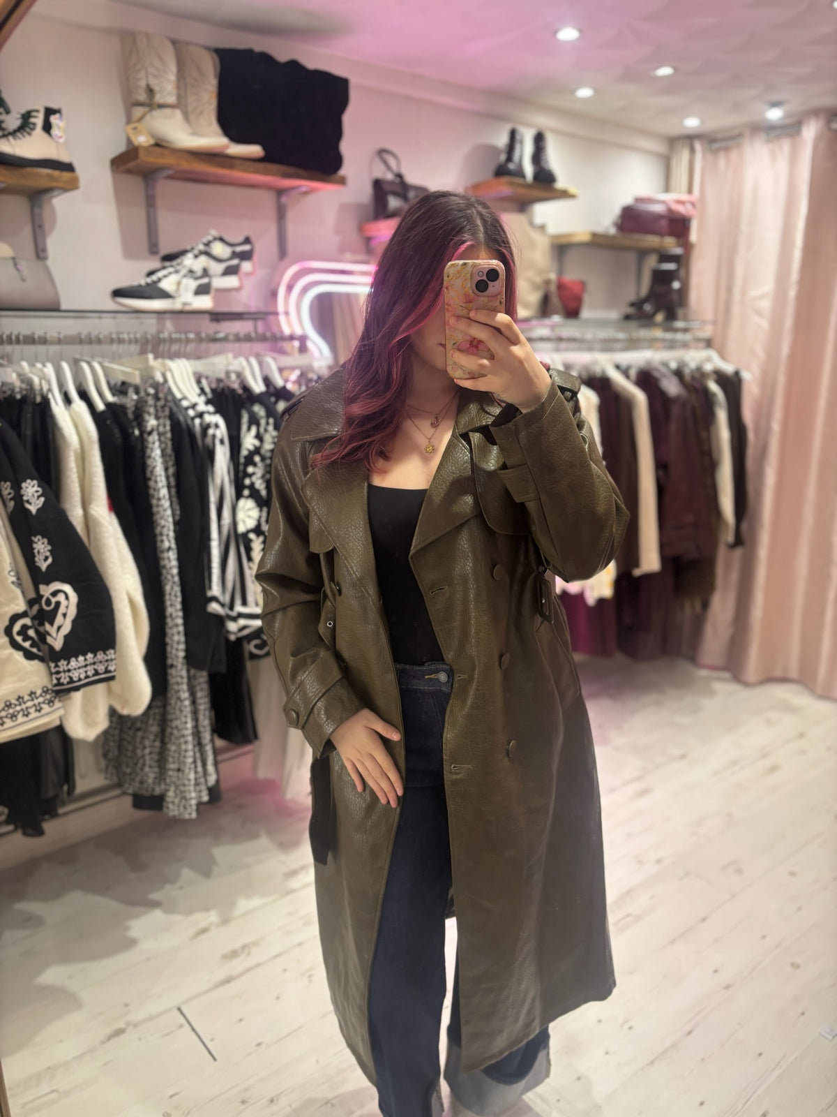 Faux Leather Belted Trench Coat | Olive Green