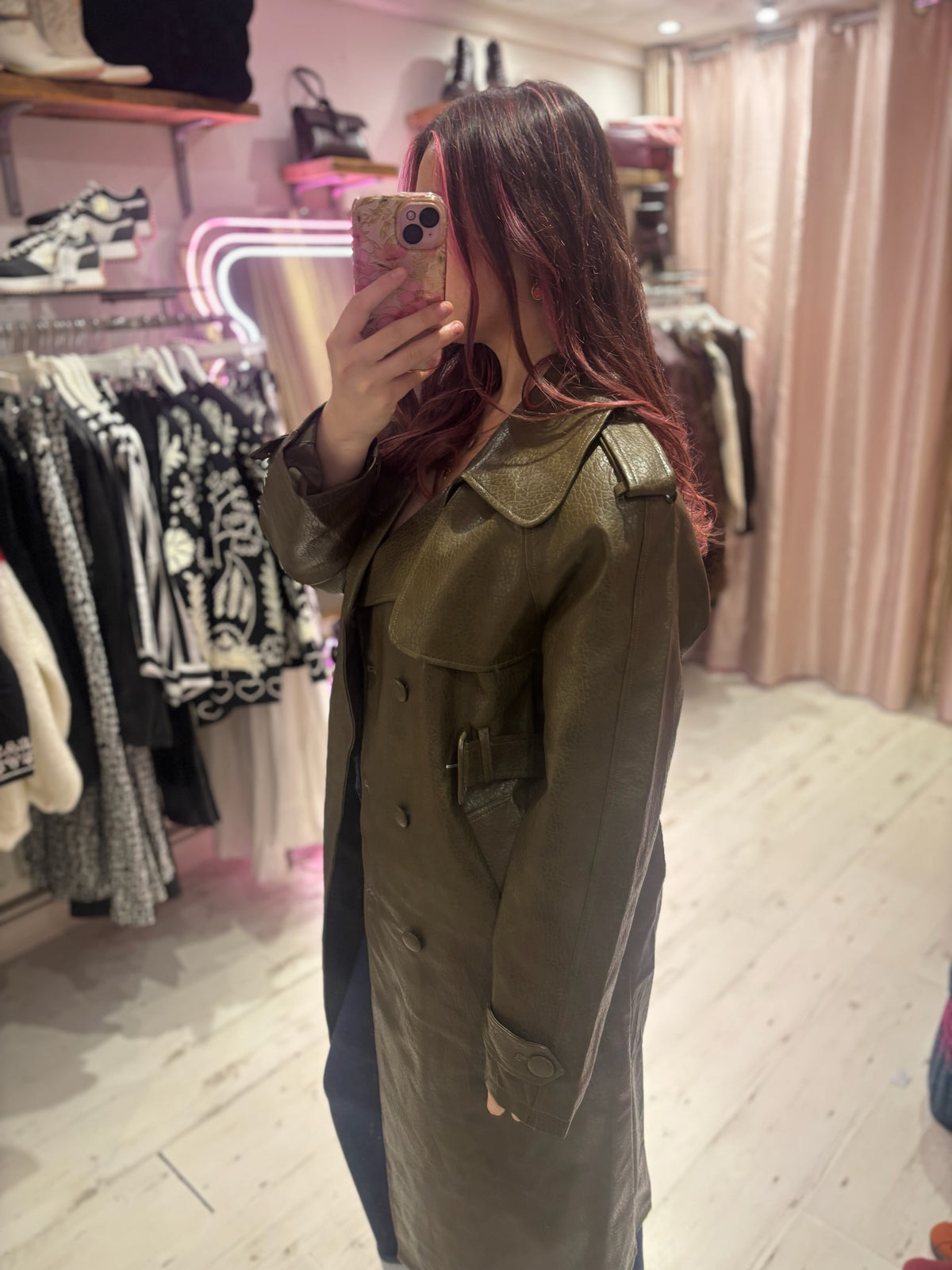 Faux Leather Belted Trench Coat | Olive Green
