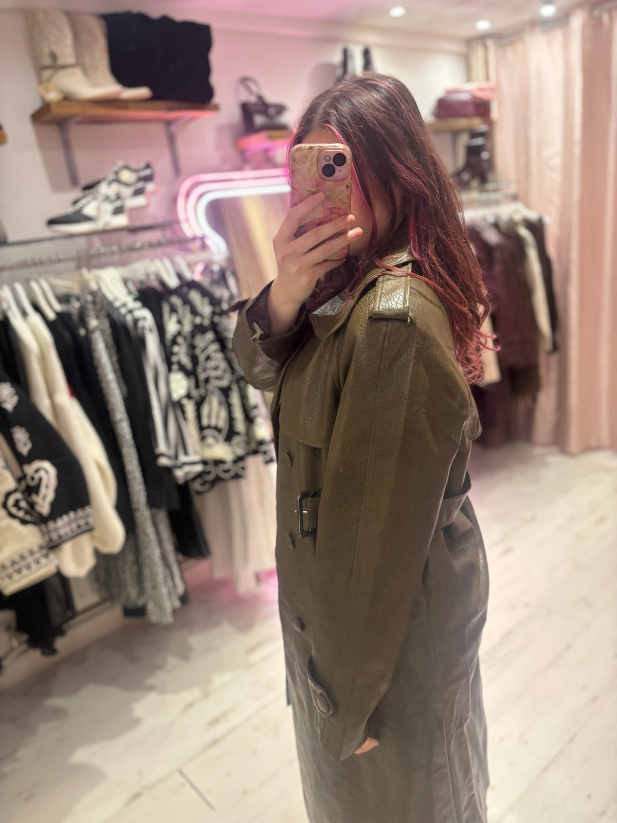 Faux Leather Belted Trench Coat | Olive Green