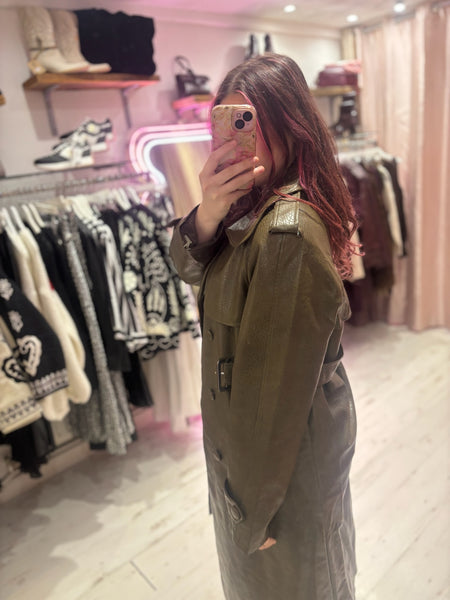 Faux Leather Belted Trench Coat | Olive Green