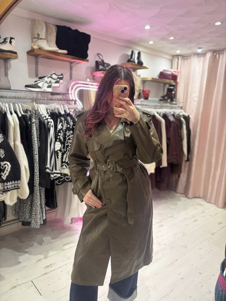 Faux Leather Belted Trench Coat | Olive Green