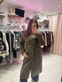Faux Leather Belted Trench Coat | Olive Green