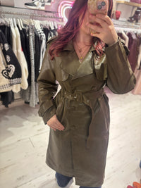Faux Leather Belted Trench Coat | Olive Green