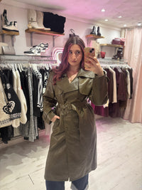 Faux Leather Belted Trench Coat | Olive Green