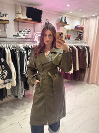 Faux Leather Belted Trench Coat | Olive Green