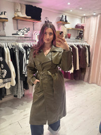 Faux Leather Belted Trench Coat | Olive Green