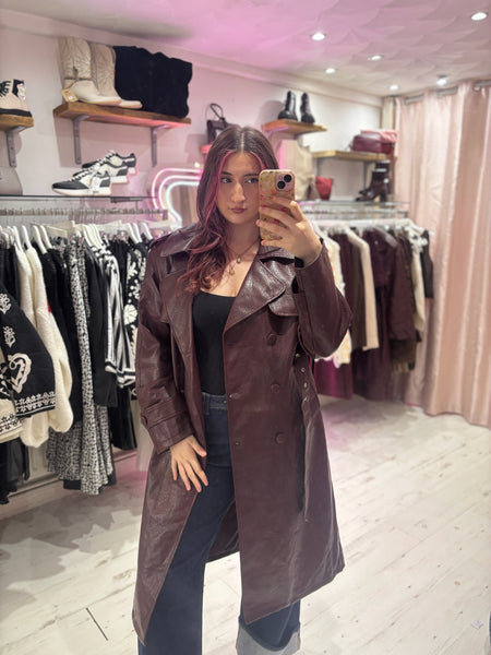 Faux Leather Belted Trench Coat | Deep Burgundy